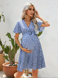 Bohemian Floral Print Belted Waist Short Sleeve Maternity Dress , Elegant Maternity Dress For Summer, Women's Maternity Dress