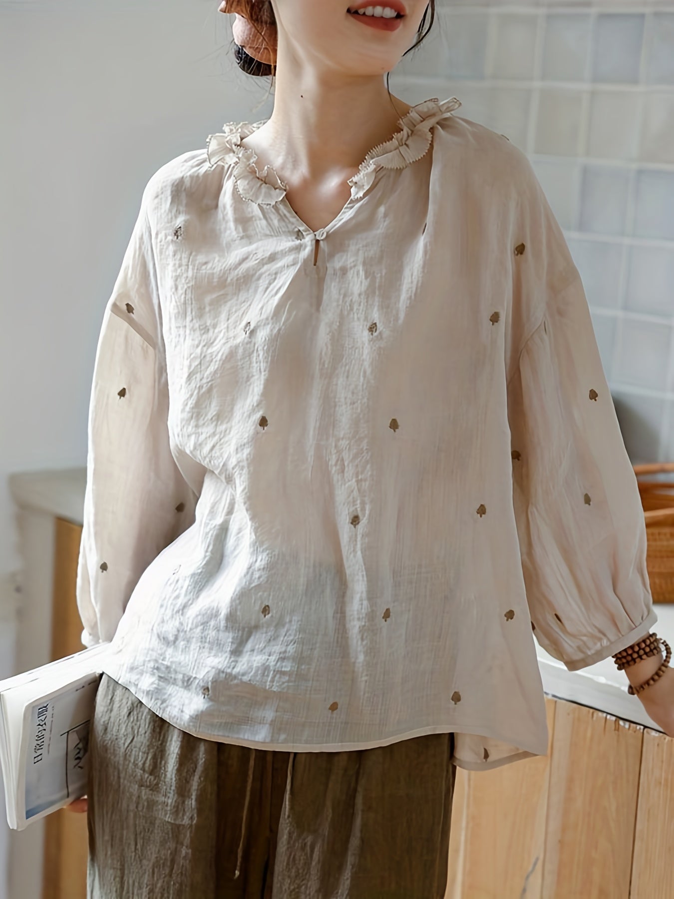 Cotton Embroidered Long Sleeve Shirt For Spring and Summner, Women's Clothing
