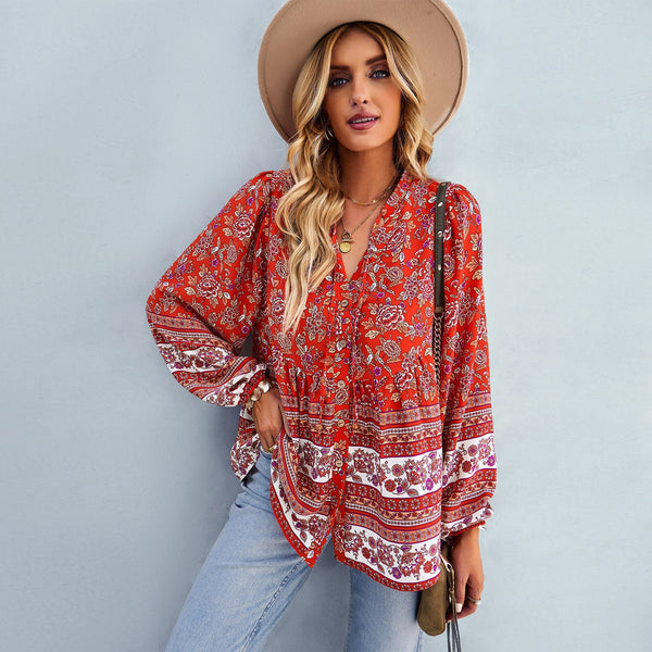 Lucky brand | Red floral boho style cropped sleeve women's shirt
