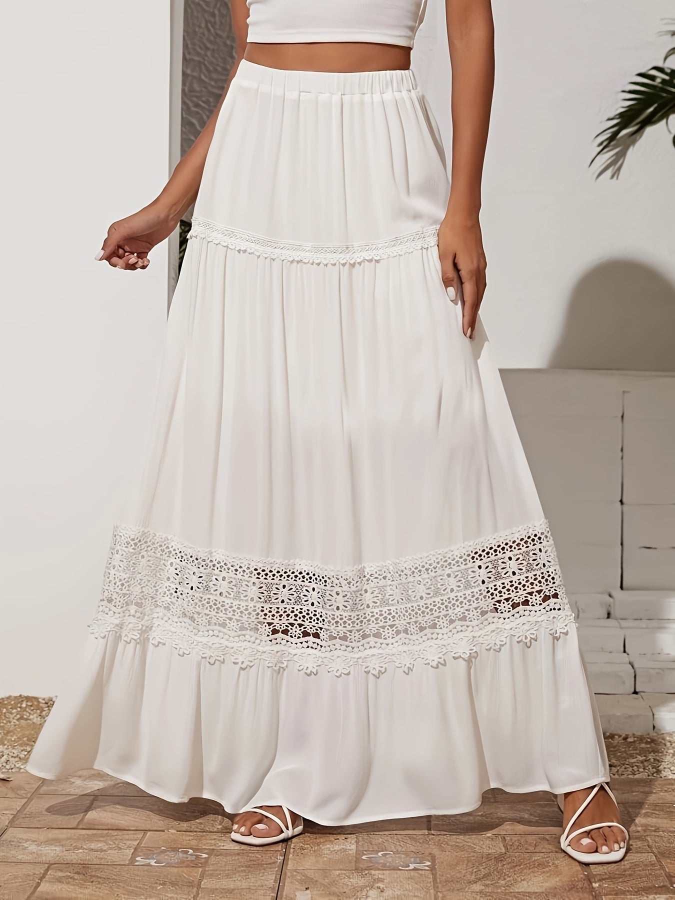 Bohemian White Embroidered High Waist Maxi Skirt, Elegant White Cut Out Loose Pleated Skirt For Spring & Fall, Women's Skirt