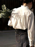 French Cotton Loose Fit White Shirt; Ruffle Trim white blouse, Women Cotton shirt, long sleeve Cotton top, Cotton shirt