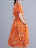 Bohemian Floral Print With Pocket Loose Dress, Elegant Short Sleeve Dress For Spring & Summer, Women's Clothing