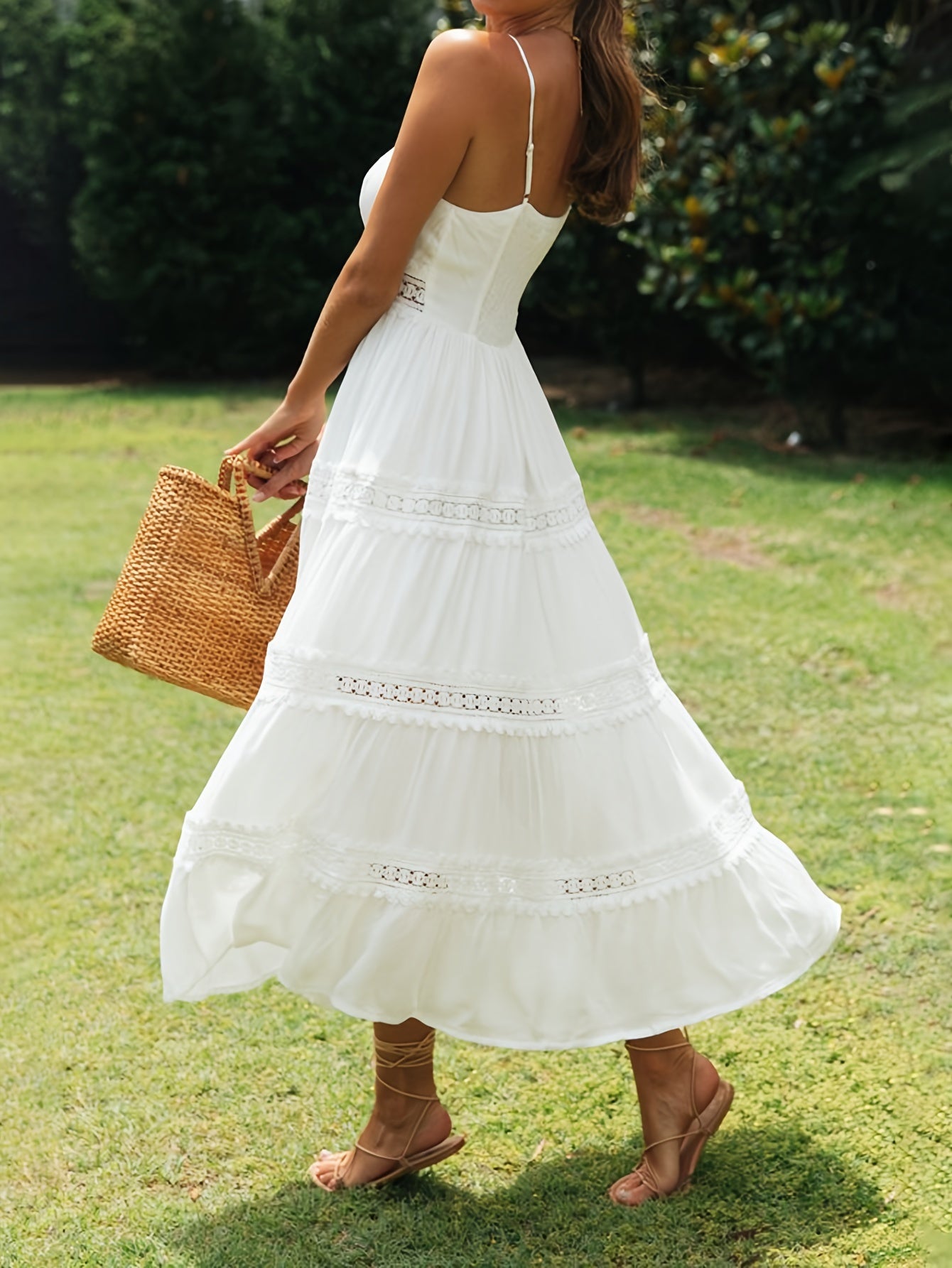 Bohemian White Cotton Contrast Lace Midi Dress, Elegant Spaghetti Strap Midi Dress For Spring and Summer, Weddding Party Dress, Cocktail Party Dress
