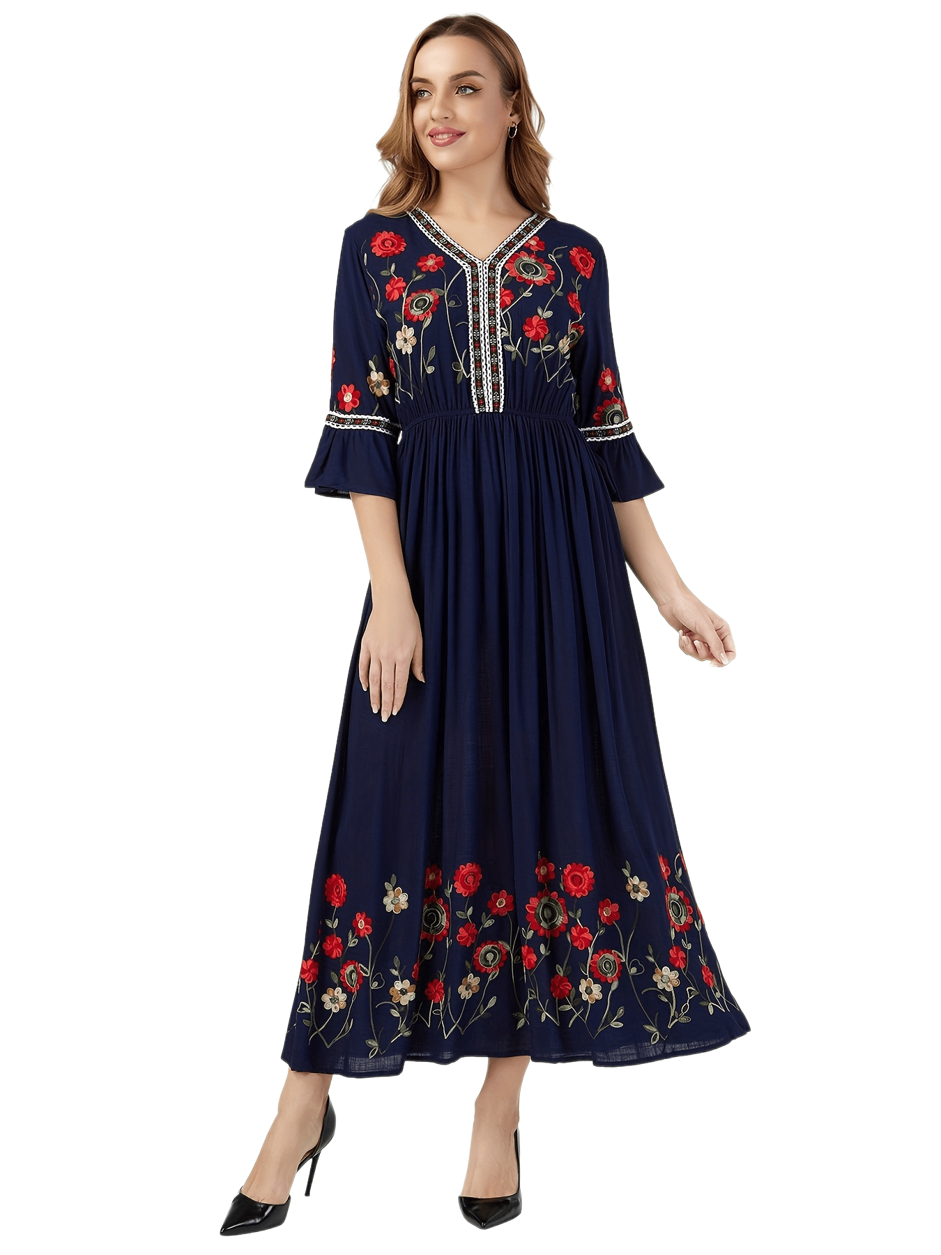 Elegant Linen Embroidered Maxi Dress, Bohemian V Neck Ruched Maxi Dress, Women's Embroidered Dress, Bohemian Dress