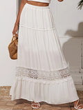 Bohemian White Embroidered High Waist Maxi Skirt, Elegant White Cut Out Loose Pleated Skirt For Spring & Fall, Women's Skirt