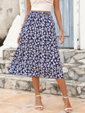 Bohemian Floral Print Elastic Waist Midi Skirt With Pocket, Elegant Midi Skirt With Pocket, Women's Skirt