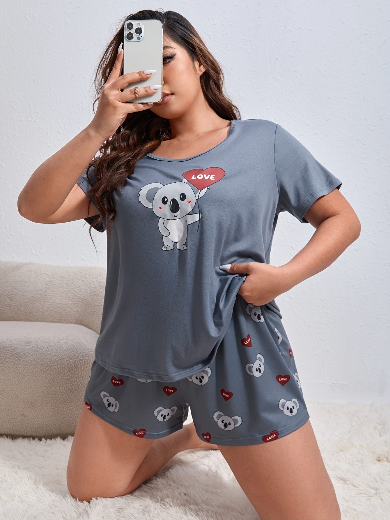 Plus Size Womens Koala Love - Adorable Short Sleeve & Shorts Pajama Set with Heartwarming Prints - Comfortable 2 Piece Loungewear for Sweet Dreams
