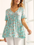 Bohemian Floral Print Short Sleeve Blouse, Casual Short Sleeve Top For Spring & Summer, Women's Clothing