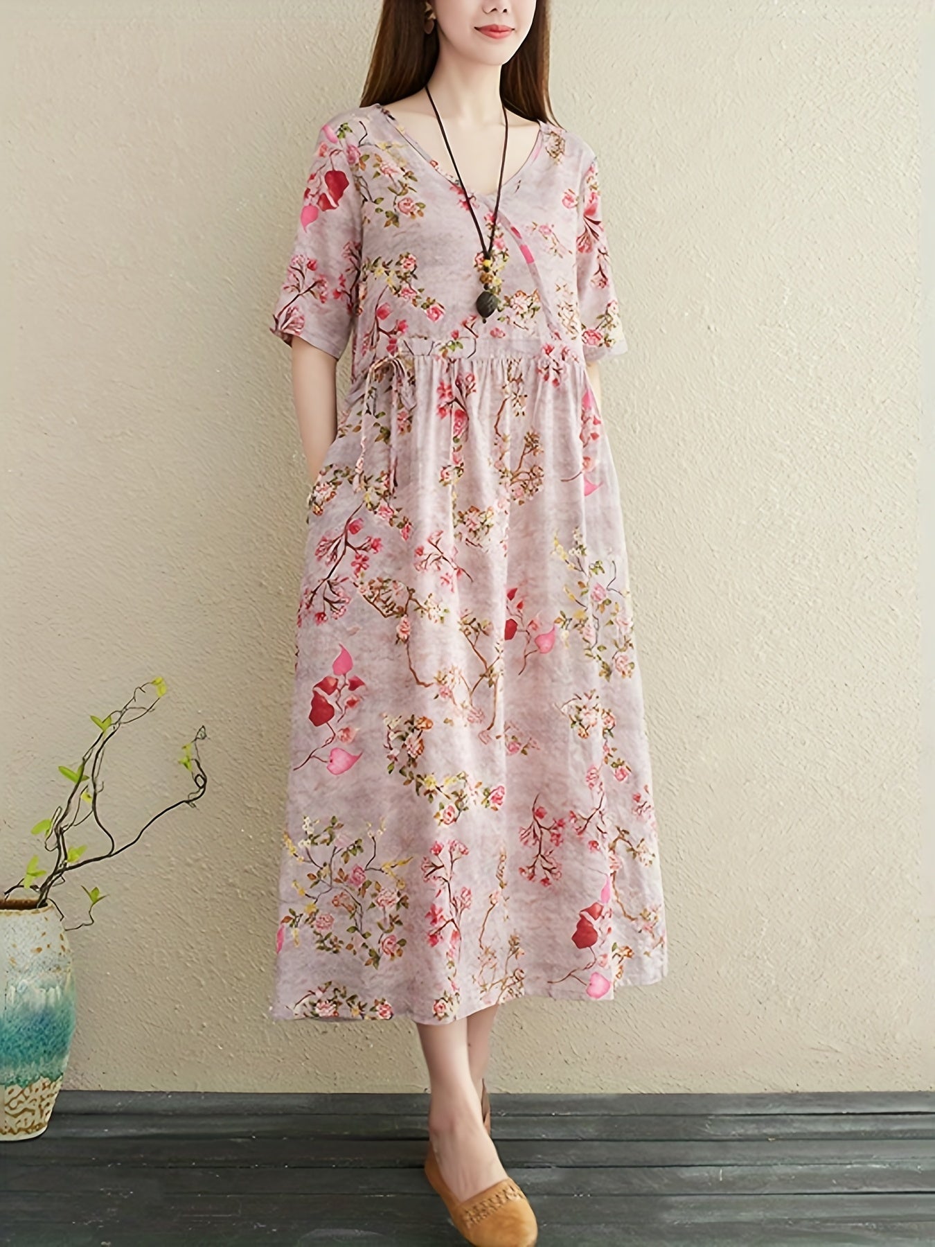 Vintage Midi Floral Print Tie Front Short Sleeve Dressfor Spring and Summer, Women's Clothing