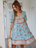 Blue Floral Tie Neck Bohemian Mini Dress - Bohemian Midi Dress Midi Dress - Party Dresses - Summer Dress - Boho Dresses for Women