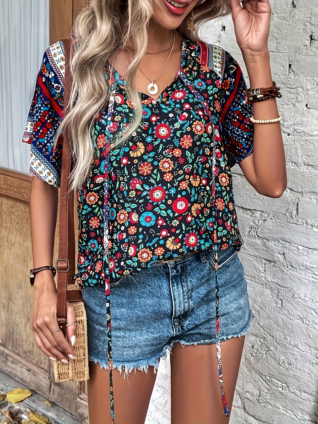 Vintage Tribal Print Tie Neck Blouse, Bohemian Short Sleeve Blouse For Spring & Summer, Women's Clothing