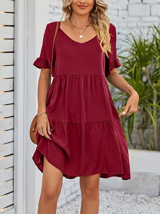 Bohemian Solid Mini Dress, Bohemian Short Ruffle Sleeve Mini Dress, Women's Dress