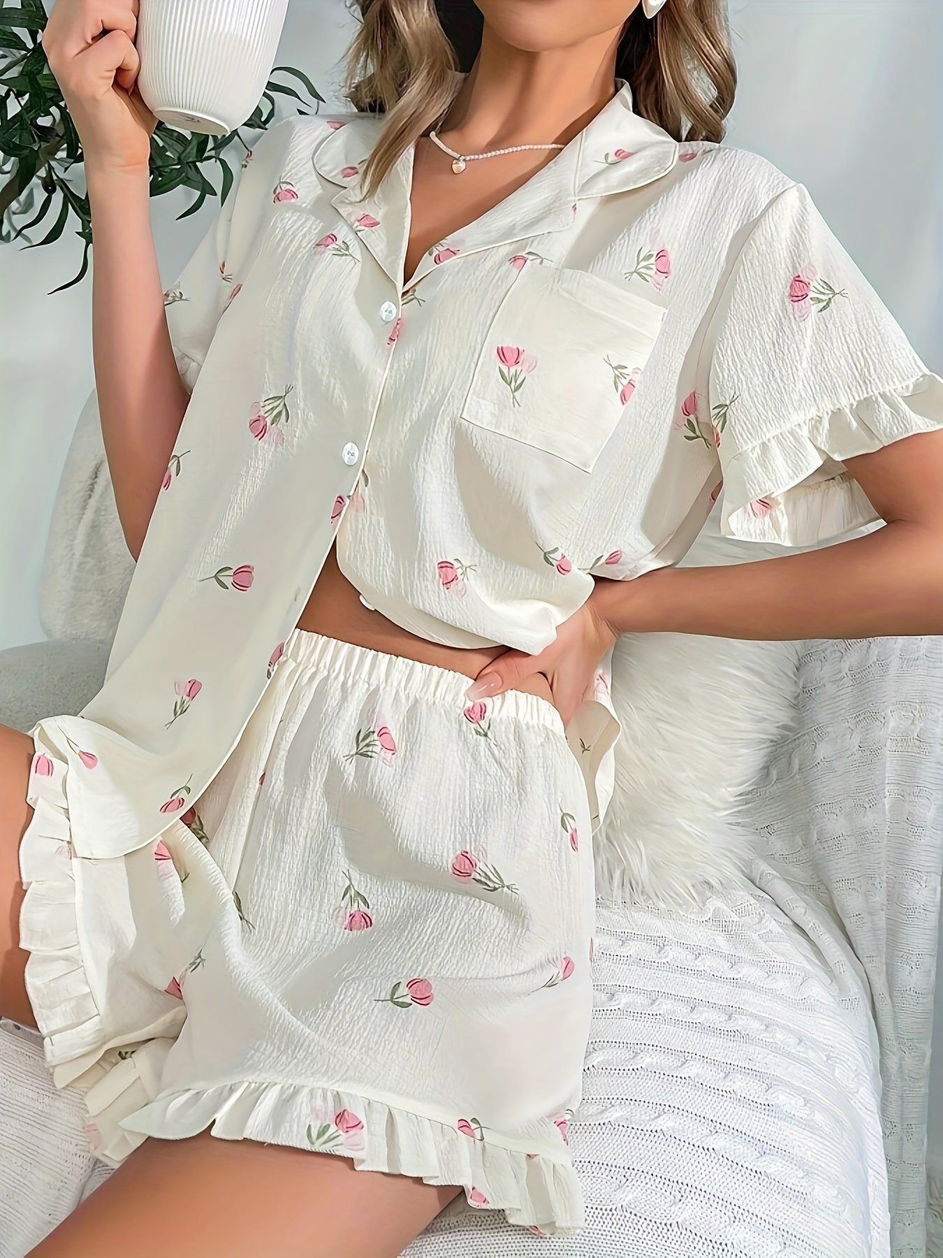 Summer Floral Print Pajama Set - Soft Fabric with Ruffle Hem, Short Sleeve Button-Down Lapel Top & Stretchy Elastic Shorts
