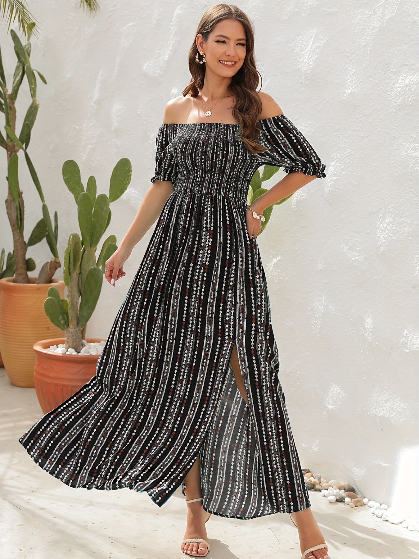 Bohemian Geometric Print Off Shoulder Side Slit Dress, Vacation  Dress, Cocktail Party Dress For Spring & Summer, Women's Clothing