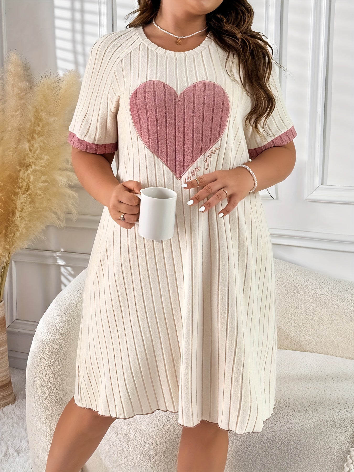Casual Knit Heart Sleepwear - Women's Cozy Lounge Set - Women's Plus Size Casual Embroidered Loose Fit sleep dress