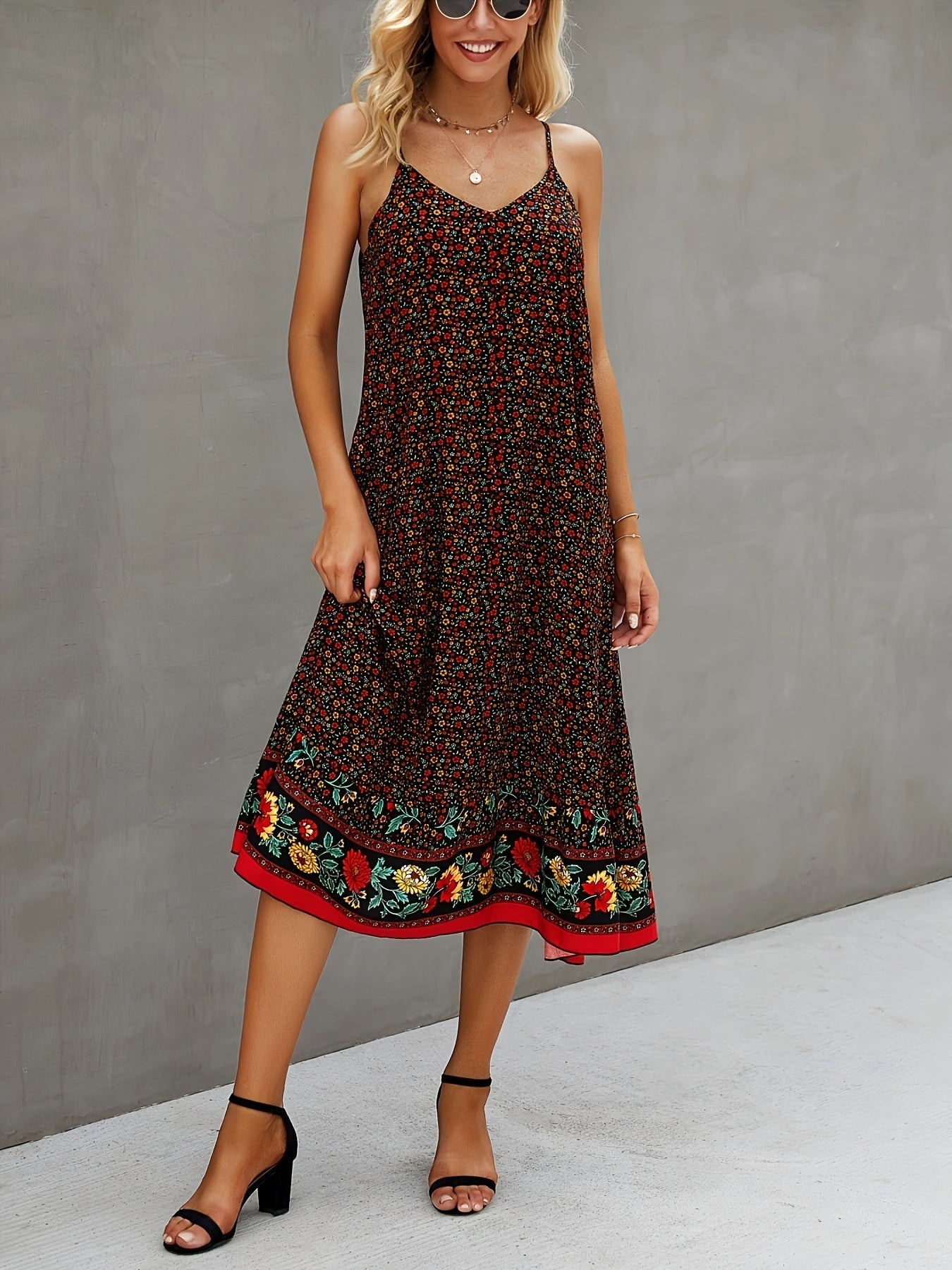 Bohemian Floral Print Cami Sleeveless Dress, Bohemian Spaghetti Strap Midi Dress For Summer, Women's Clothing