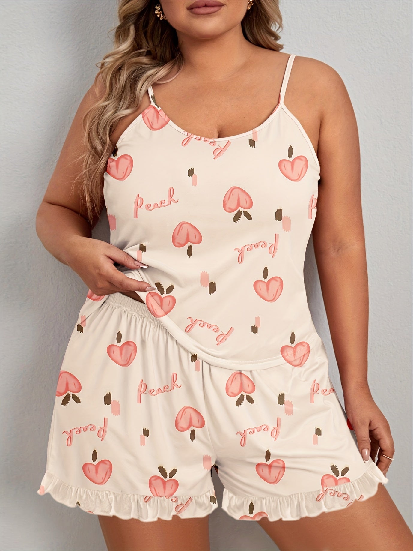 Women's Plus Cute Pajamas Set, Plus Size Peach Print Round Neck Cami Top & Ruffled Shorts Lounge 2 Piece Set