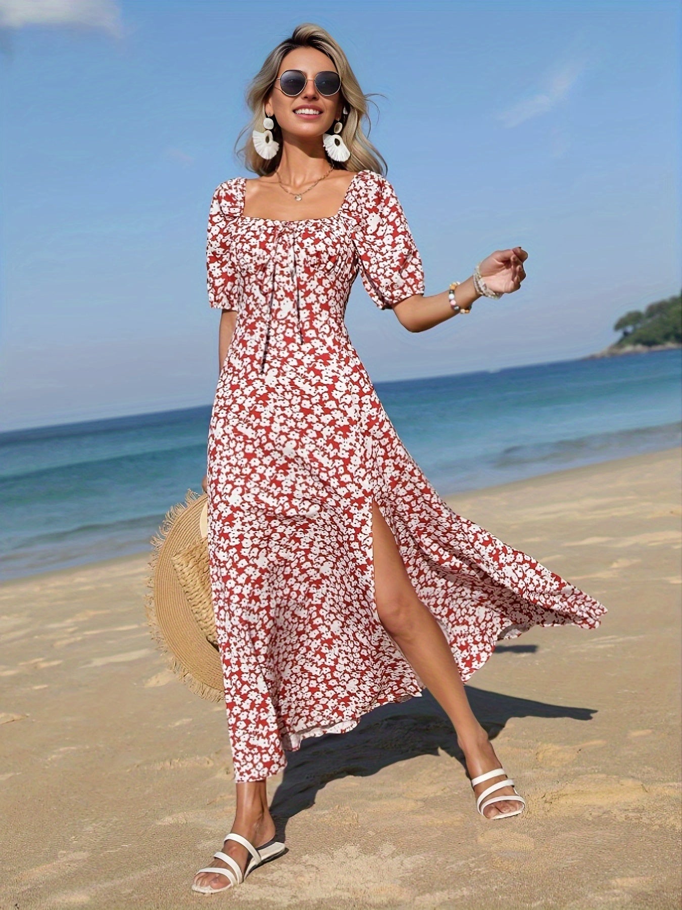 Ditsy Floral Print Side Slit Short Sleeve Dress For Spring & Summer, Women's Clothing