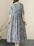 Vintage Midi Floral Print Tie Front Short Sleeve Dressfor Spring and Summer, Women's Clothing