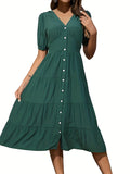 Green Button Casual Short Sleeve Smocked Dress For Spring and Summer, Women's Clothing