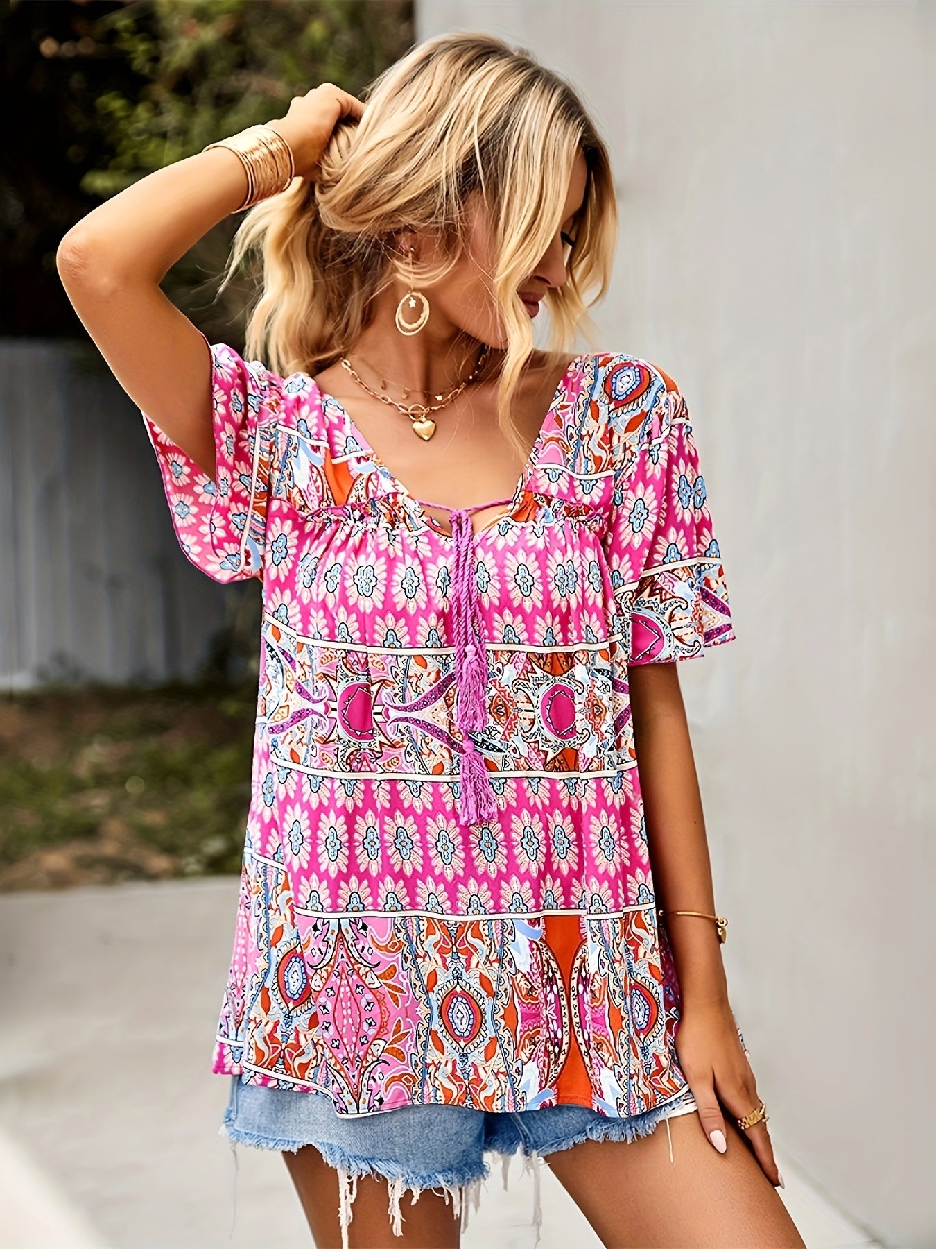 Bohemian Floral Contrast Print Tie Neck Blouse / Tie Front Short Sleeve Top / Spring Blouse / Boho Shirt