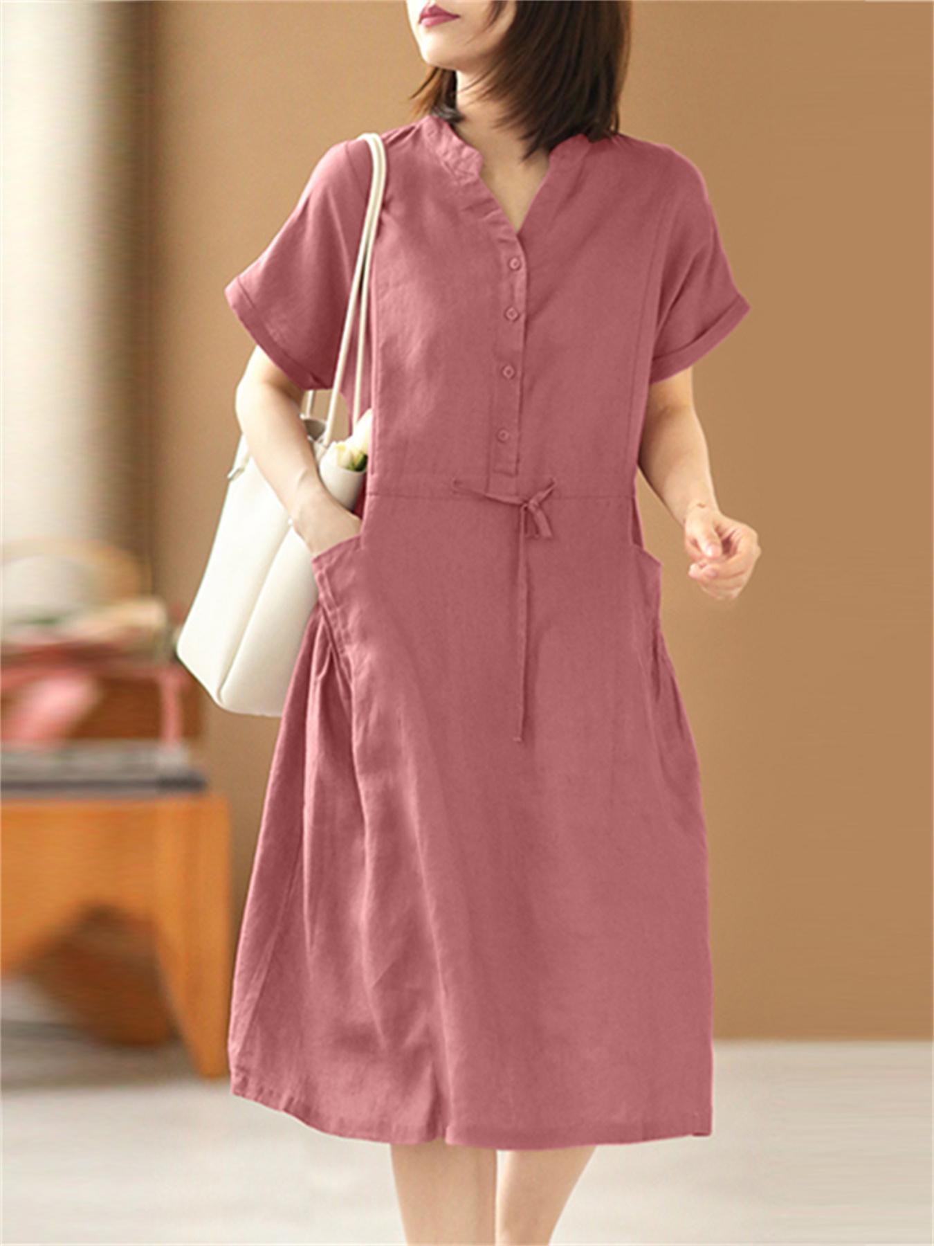 Solid Button Up With Pocket Loose Dress For Spring & Summer, Women's Clothing