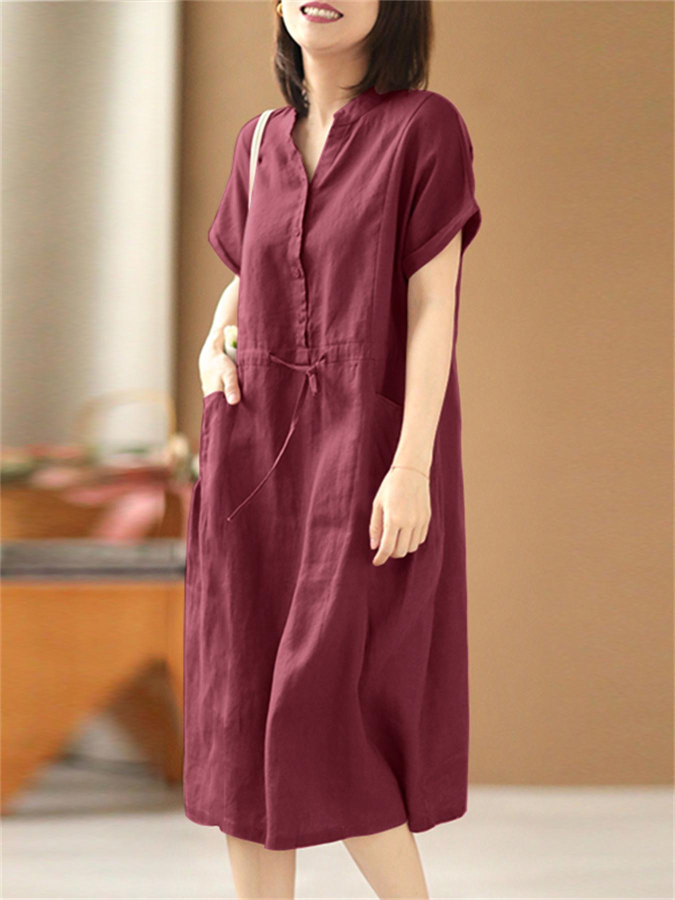 Solid Button Up With Pocket Loose Dress For Spring & Summer, Women's Clothing