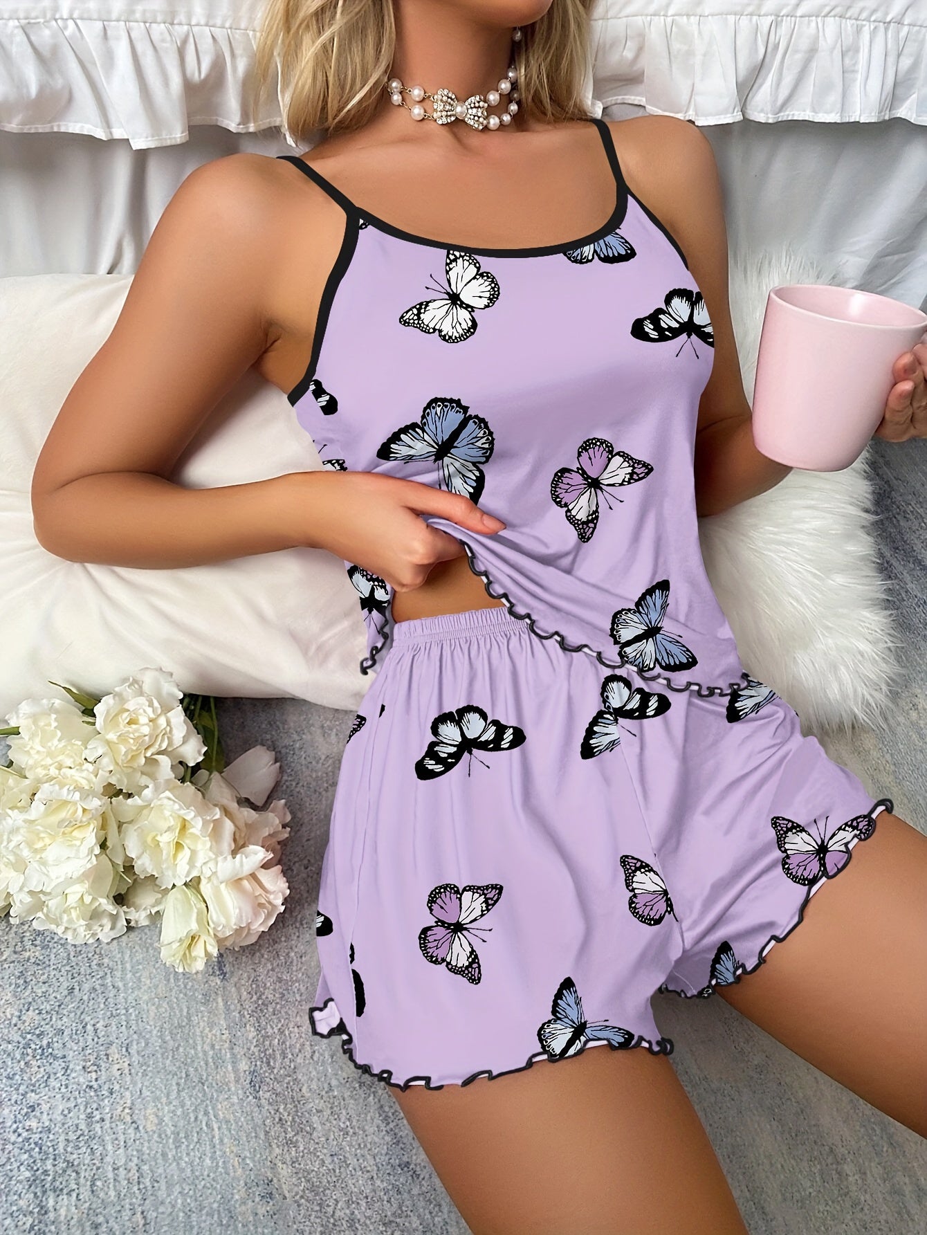 Butterfly Print Pajama Set - Lettuce Trim Cami Top & Elastic Waistband Shorts