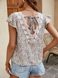 Bohemian Floral Print Lace Tie Back Blouse, Elegant Ruffle Sleeve Top For Spring & Summer, Summer Top, Summer Blouse