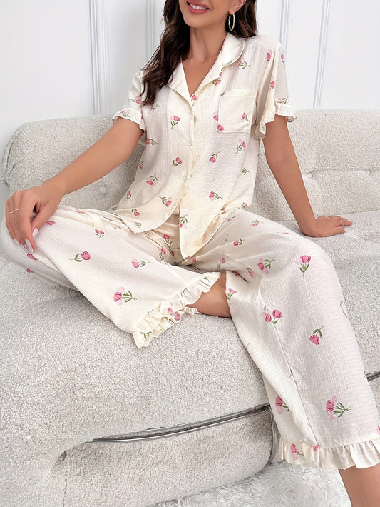 Summer Chic Tulip-Print Womens Pajama Set - Sleeve Top & Comfy Elasticized Pants, Cozy Sleepwear