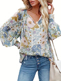 Bohe Floral Print Long Sleeve Blouse For Spring & Fall, Women's Spring Blouse