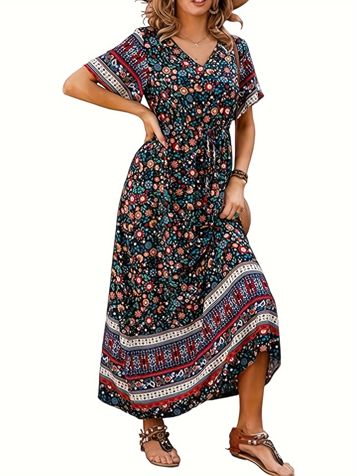 Bohemian Ditsy Floral Print Elegant Short Sleeve Midi Dress For Spring & Summer, Women's Clothing