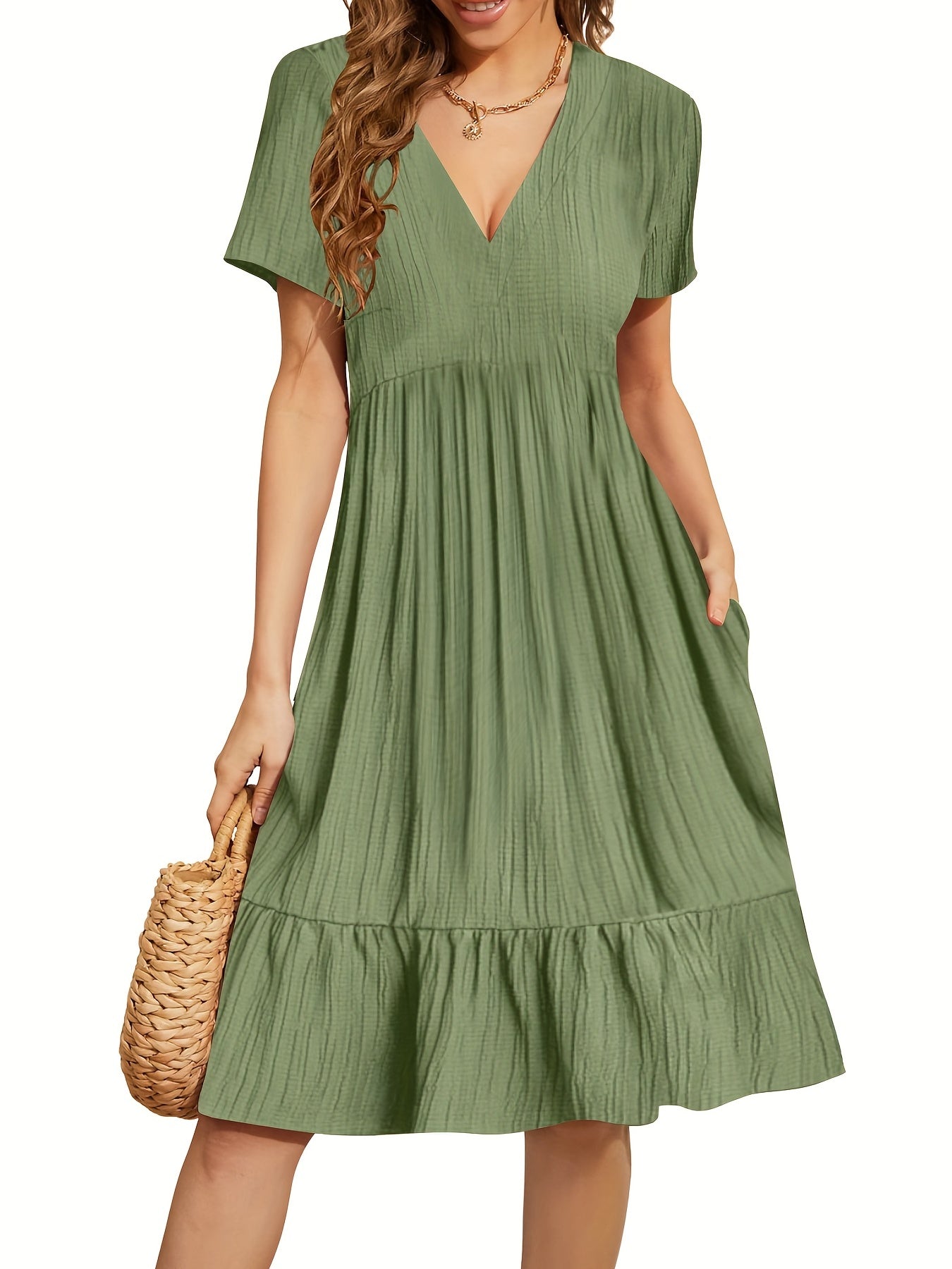 Bohemian Solid Ruched  Mini Dress, Elegant Short Sleeve Summer Dress, Boho Summer Dress