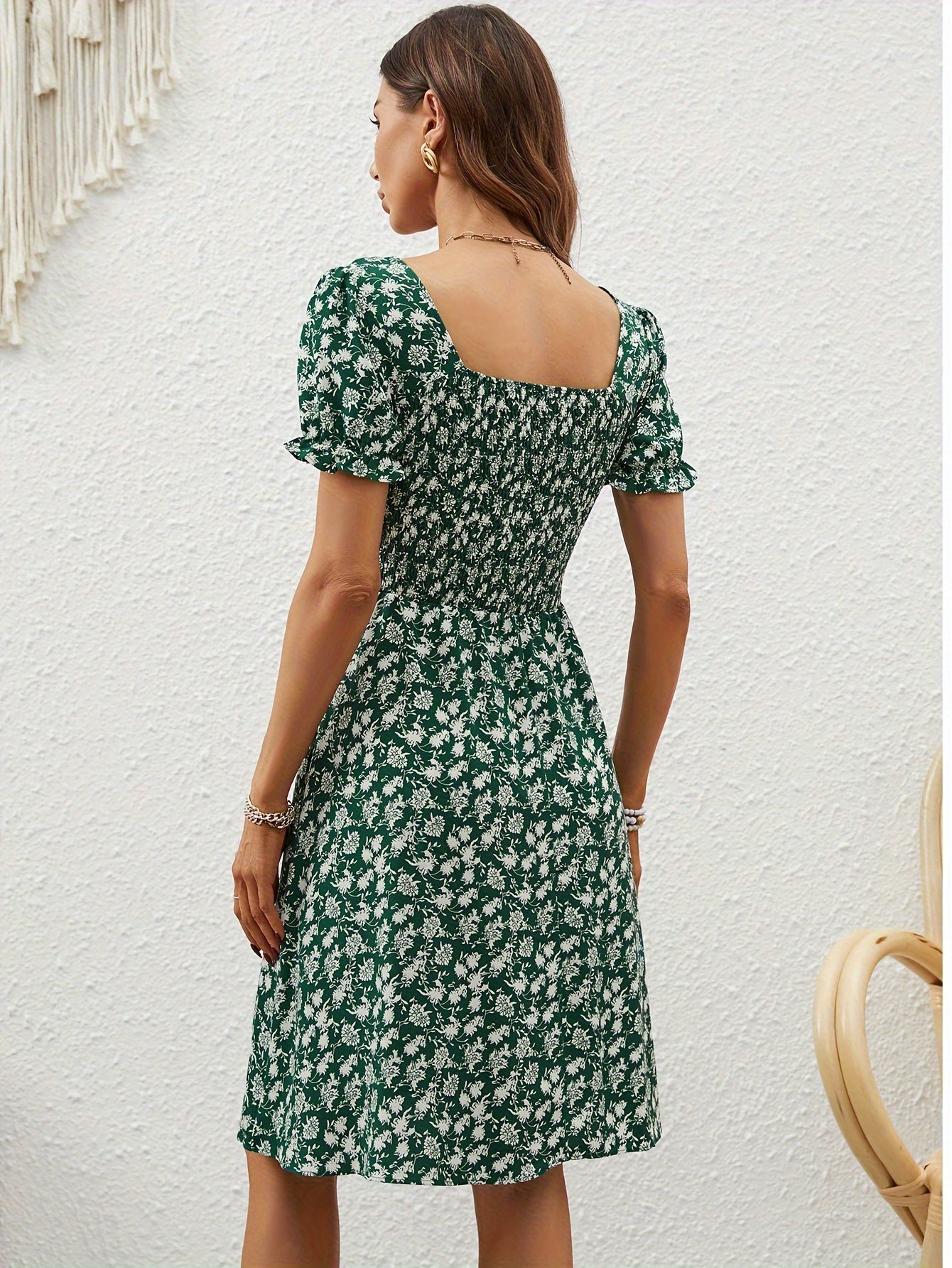 Floral Square Neck Puff Sleeve  Dress For Spring and Summer, Women's Clothing