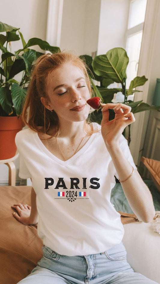 Paris Gift Shirt, Organic Cotton Paris Shirts, Paris Short Sleeve Deep V-Neck Tee,  Paris Visitor Shirt, Paris Women Gift