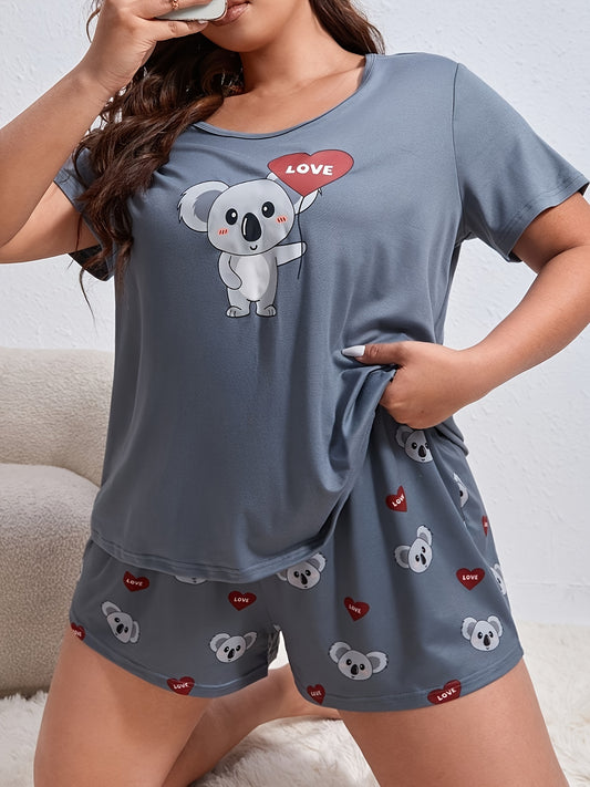 Plus Size Womens Koala Love - Adorable Short Sleeve & Shorts Pajama Set with Heartwarming Prints - Comfortable 2 Piece Loungewear for Sweet Dreams