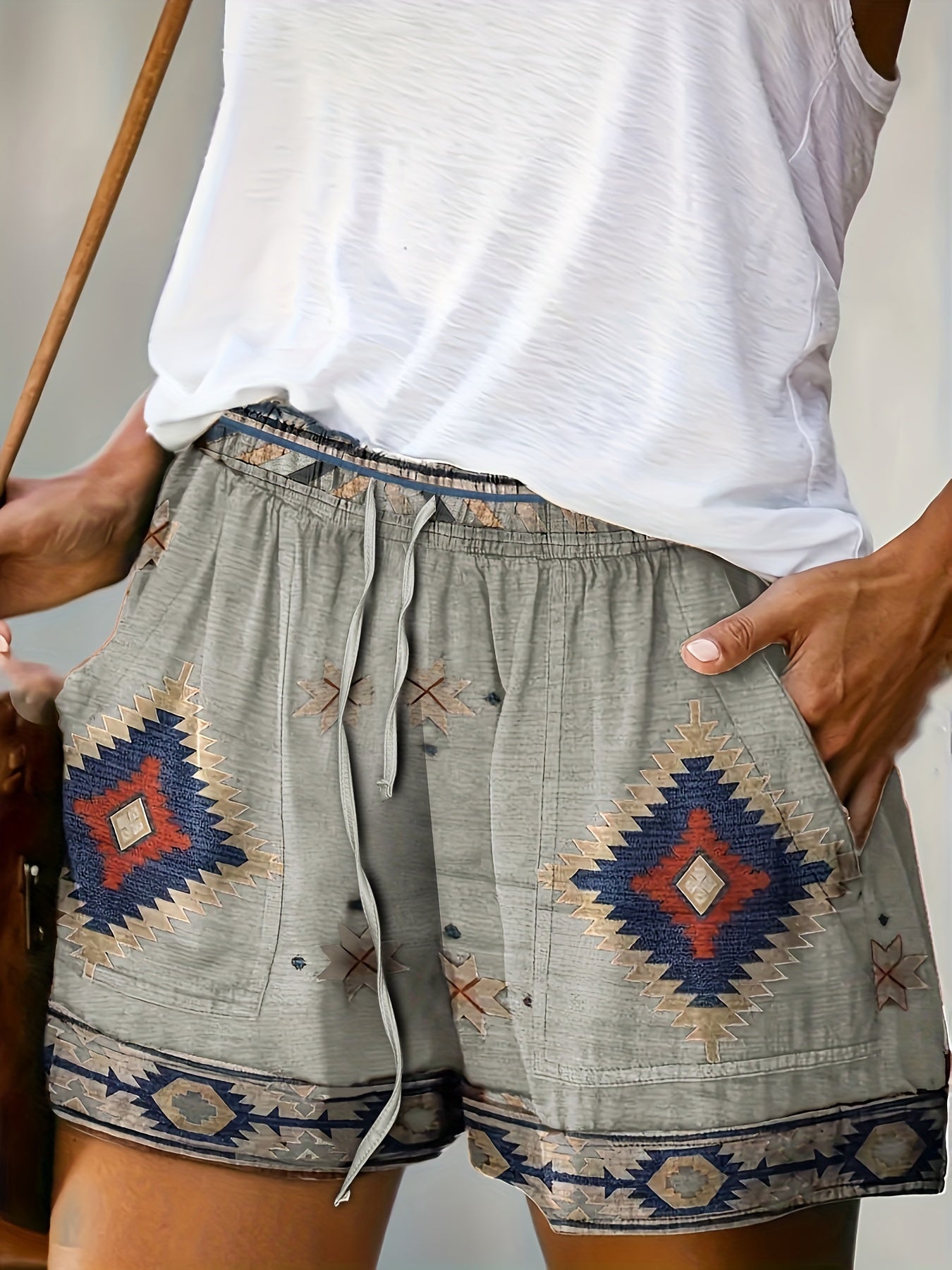 Boho Aztec Print Tie Waist Shorts - Vintage Loose Summer Shorts with Pockets