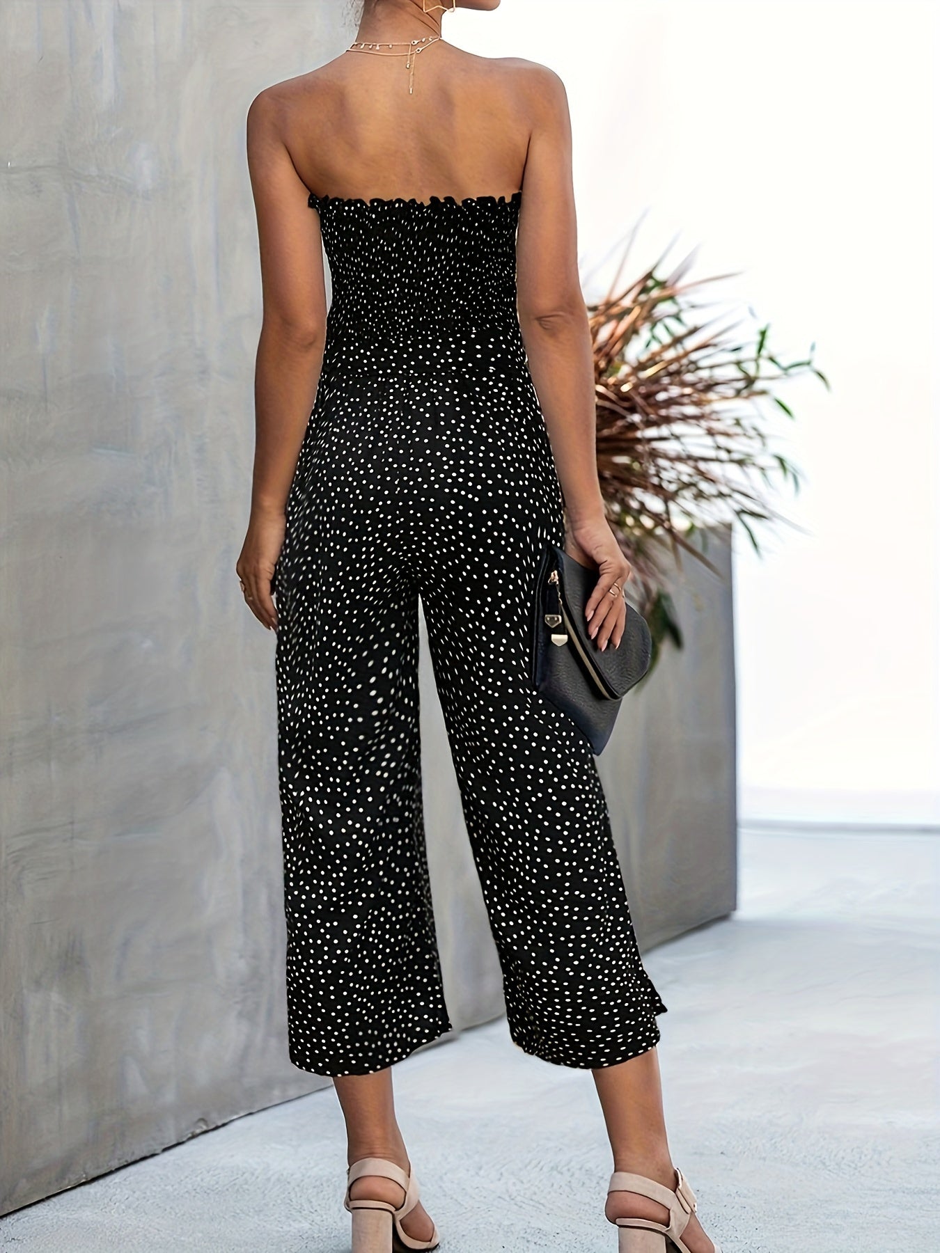 Bohemian Dot Print Off Shoulder Jumpsuit, Elegant Button Front Sleeveless Ruffle Jumpsuit For Spring and Summer, Women's Clothing