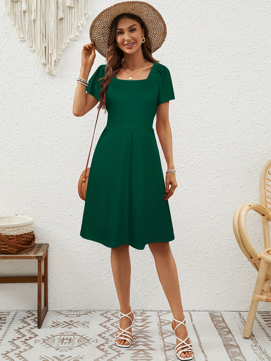 Bohemian Green Short Sleeve Dress With Pocket, Elegant Short Sleeve Dress For Spring & Summer, Women's Dress