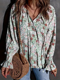 Bohemian Spring Button Front Blouse, Sage Elegant Floral Print Tie Neck Blouse , Long Sleeve Blouse, Boho Fall Floral Shirt