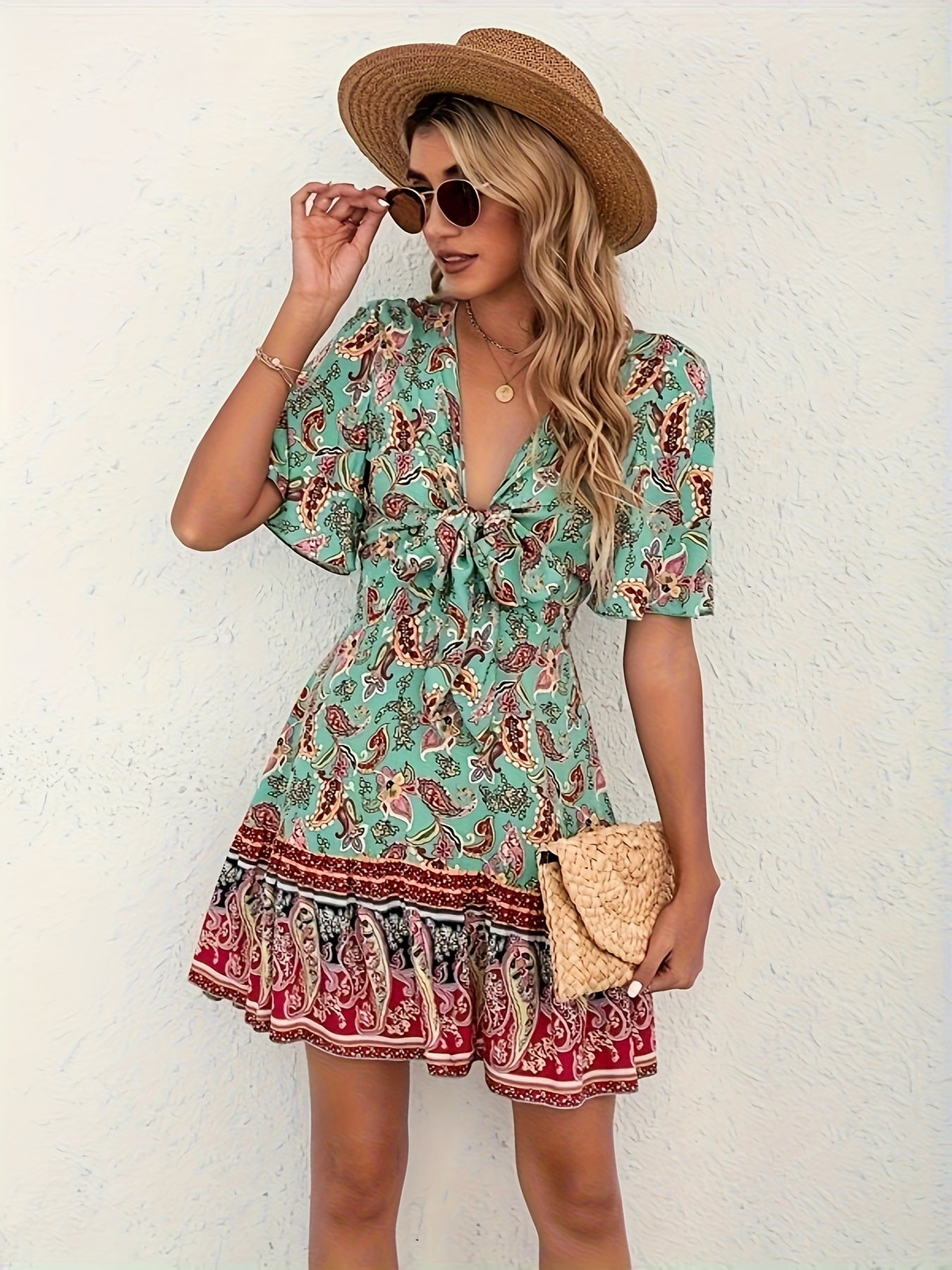 Bohemian Paisley Print Tie-Front Mini Dress - Highwaist Mini Dress - Summer Mini Dress - Beach Dress