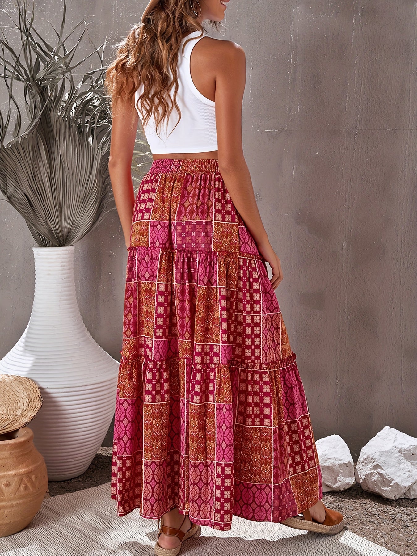 Patchwork Ruffle Hem Maxi Skirt, Boho Maxi Skirt For Spring & Summer, Women's Skirt