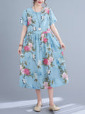 Bohemian Floral Print With Pocket Loose Dress, Elegant Short Sleeve Dress For Spring & Summer, Women's Clothing