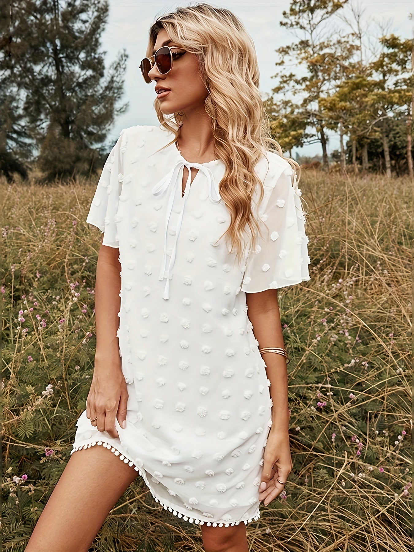 Swiss Dot Tie Keyhole Flutter Sleeve Shift Dress / Mini Dress - Spring Dress / Cocktail Dress / Wedding Party Dress