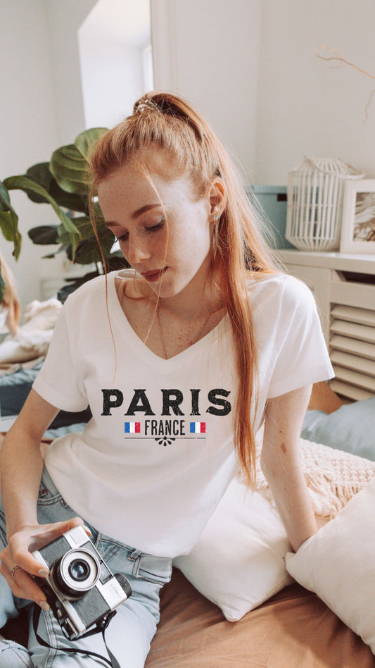 Paris France Summer Gift Shirt, Organic Cotton Paris Shirts, Paris Short Sleeve Deep V-Neck Tee,  Paris Visitor Shirt, Paris Women Gift