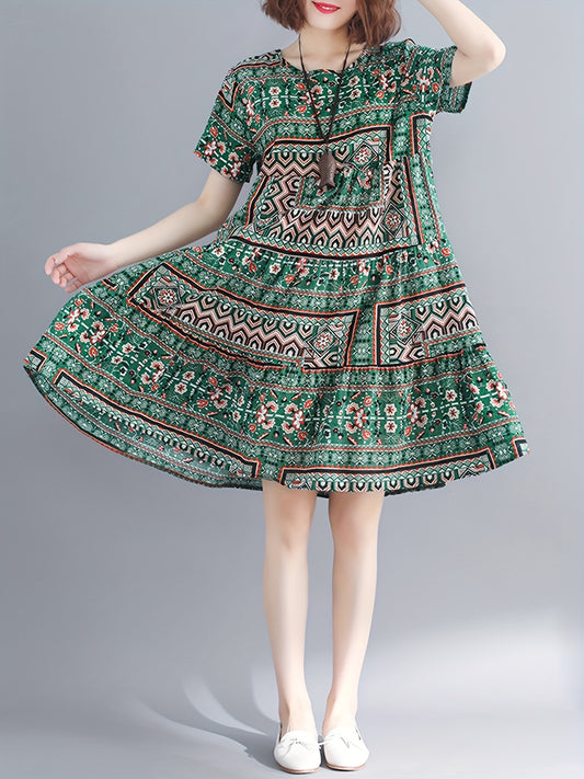 Bohemian Ethnic Print Short Sleeve Dress, Elegant Loose Mini Dress, Women's Dress