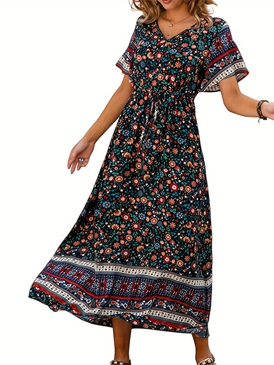 Bohemian Ditsy Floral Print Elegant Short Sleeve Midi Dress For Spring & Summer, Women's Clothing
