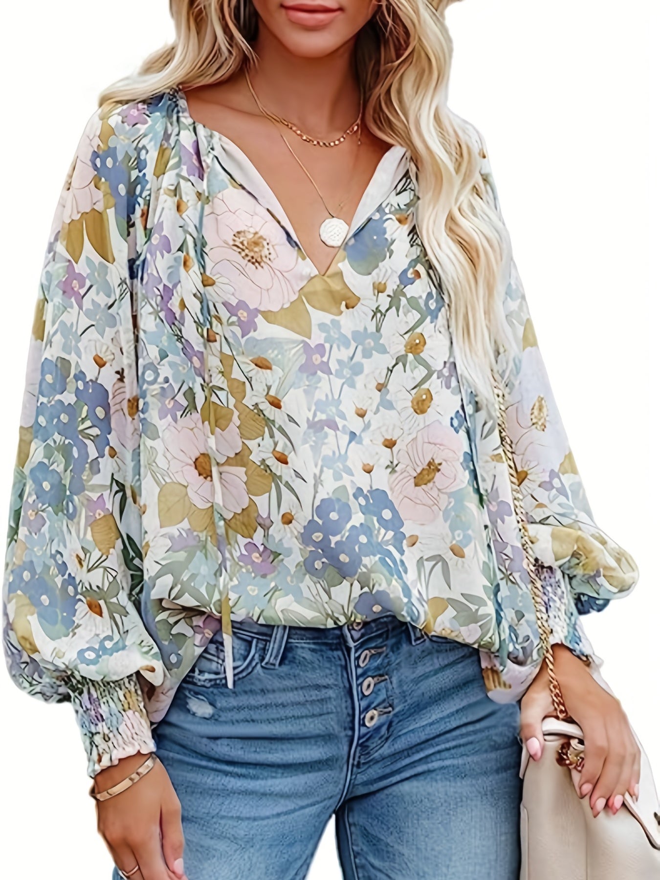 Bohe Floral Print Long Sleeve Blouse For Spring & Fall, Women's Spring Blouse