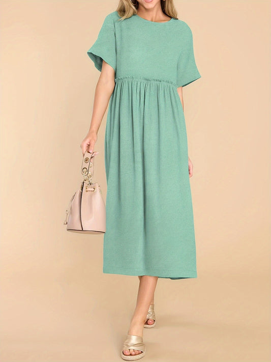 Bohemian Solid Color Short Sleeve Midi Dress With Pocket, Elegant Ruffle Dress With Pocket For Spring and Summer, Women's Dress