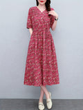 Ditsy Vintage Floral Print Tie Waist Midi Dress for Spring and Summer, Women's Clothing